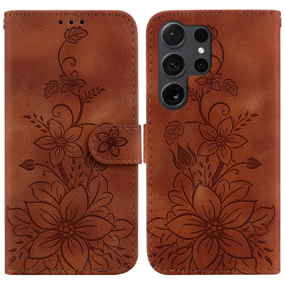For Samsung Galaxy S25 Ultra Case Lily Flower Imprint Leather Phone Cover with Stand