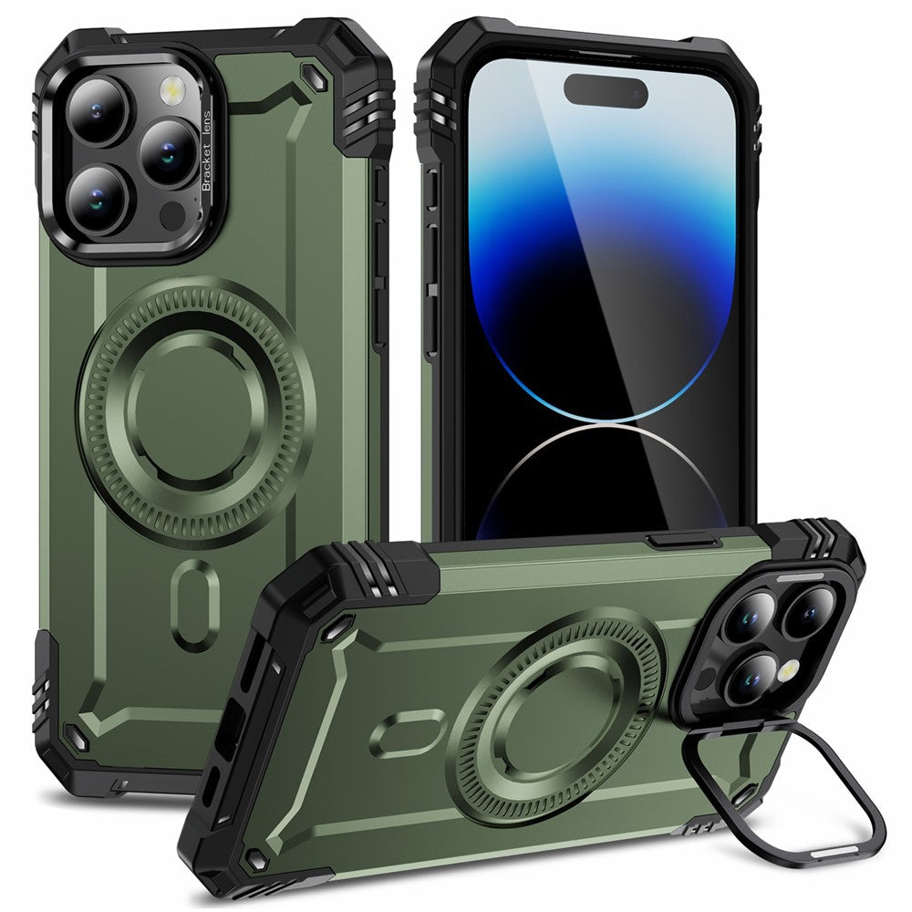 For iPhone 14 Pro Case Compatible with MagSafe Metal Lens Frame Kickstand PC+TPU Mobile Cover
