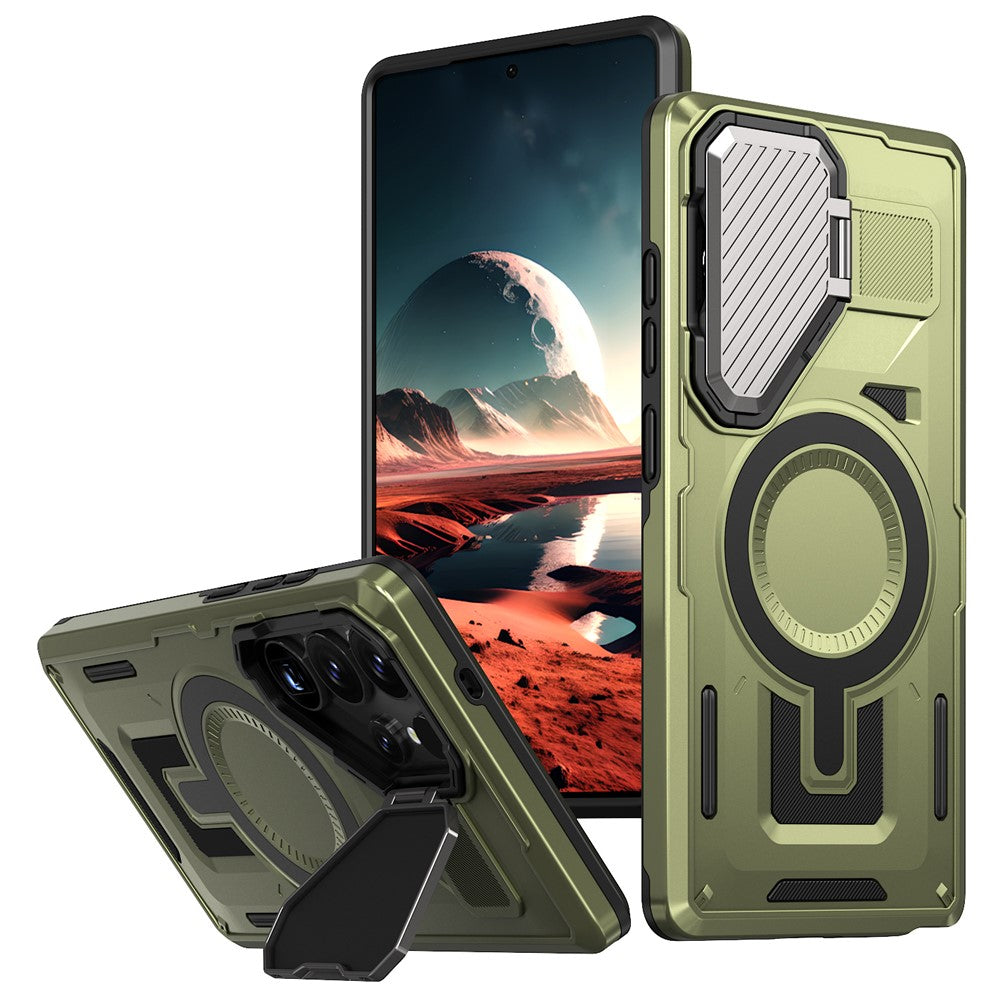 For Samsung Galaxy S25 Ultra Magnetic Case Lens Lid Kickstand PC+TPU Back Cover