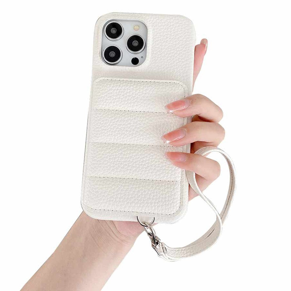 For iPhone 14 Pro Case Card Slots Kickstand PU Leather + PET Phone Cover with Wrist Strap