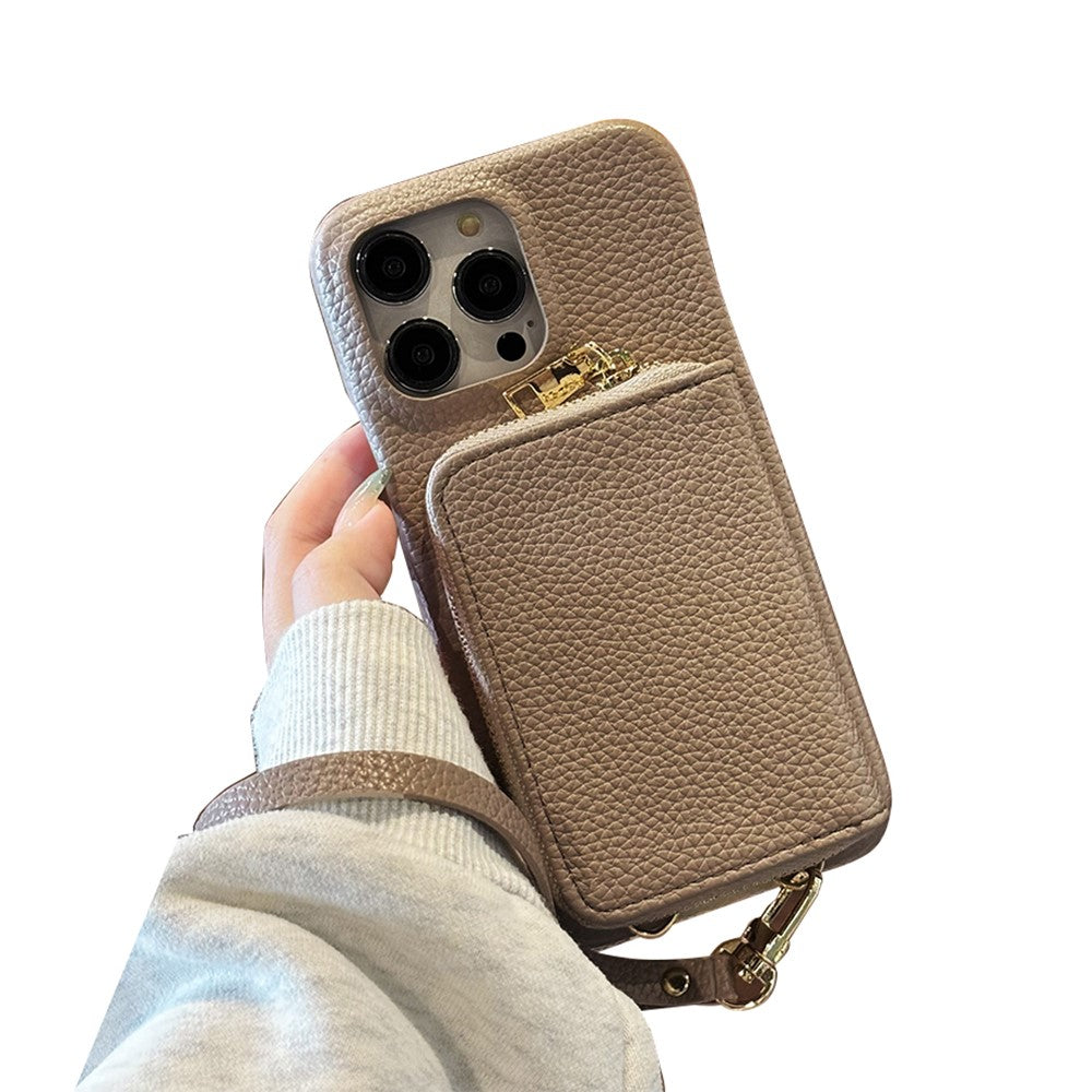For iPhone 14 Pro Case Zipper Card Slots PU Leather Phone Back Cover with Wrist Strap