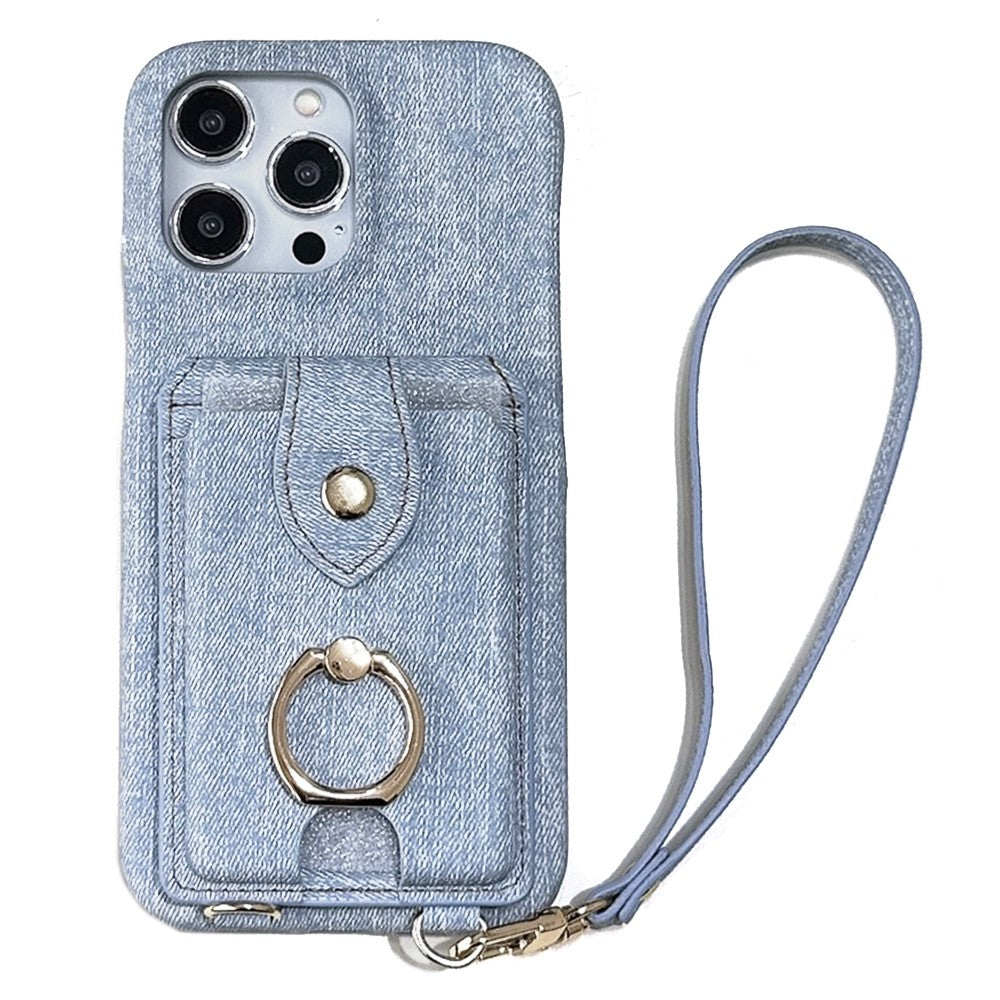 For iPhone 14 Pro Case Ring Kickstand Card Holder Jeans Cloth Texture PU Leather Back Cover with Strap