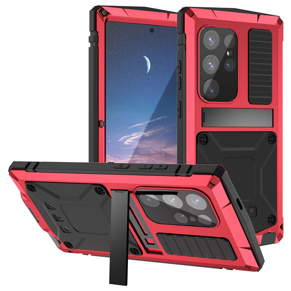 R-JUST For Samsung Galaxy S25 Ultra Case PC + Silicone + Metal Kickstand Phone Cover with Tempered Glass Film