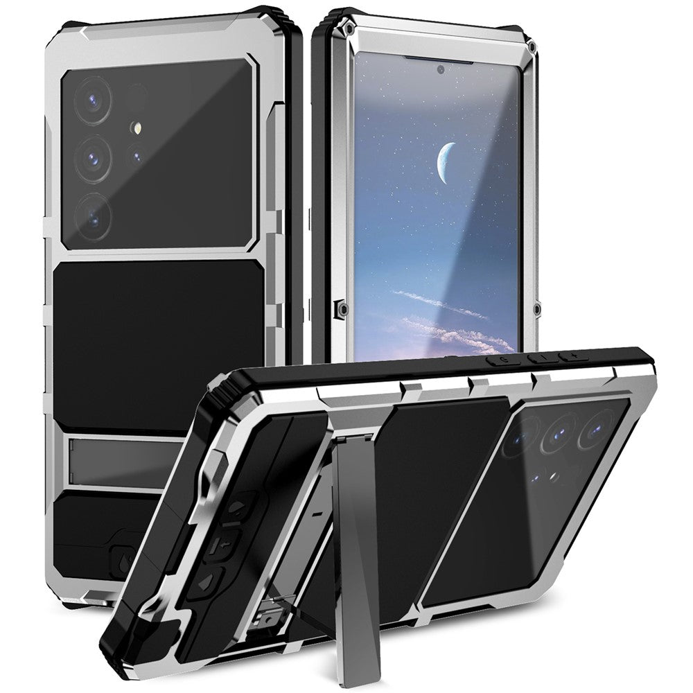 R-JUST For Samsung Galaxy S25 Ultra Case PC + Silicone + Metal Kickstand Phone Cover with Tempered Glass Film