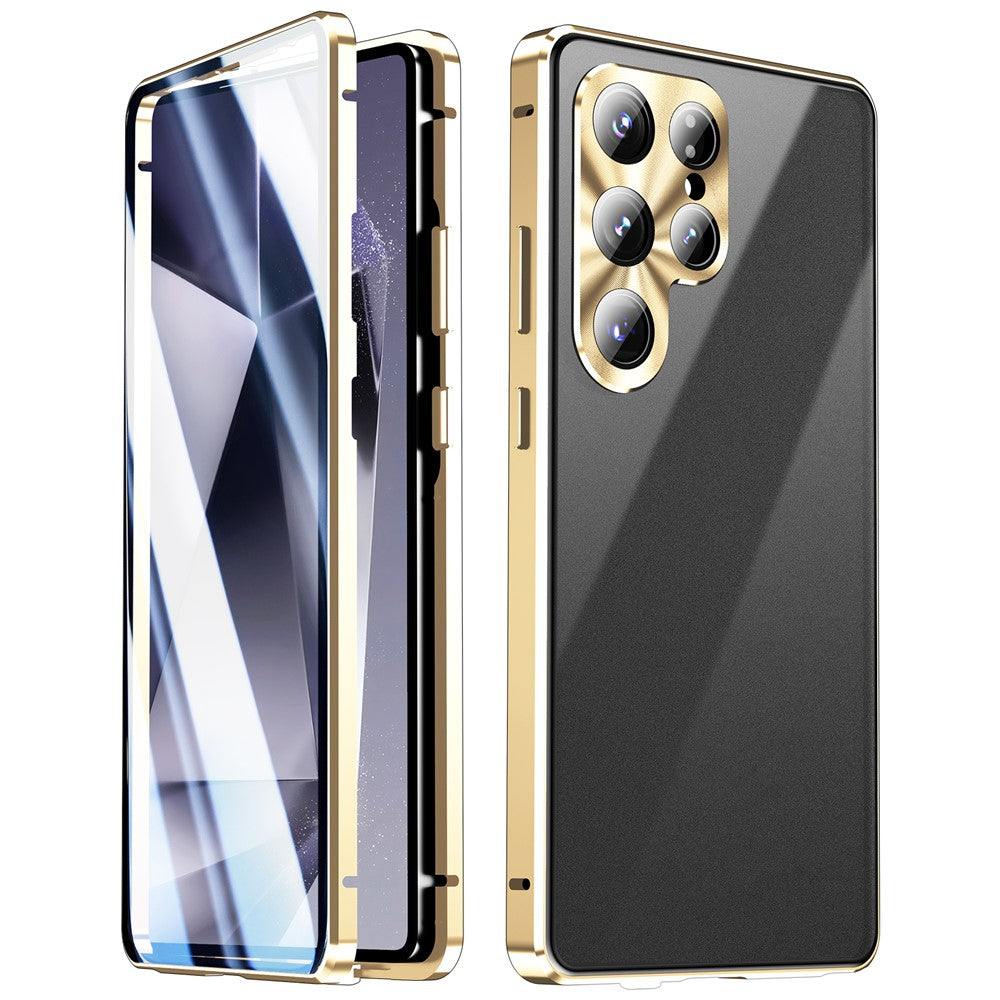 For Samsung Galaxy S25 Ultra Case Double Sides Tempered Glass + Metal Magnetic Phone Cover with Buckle