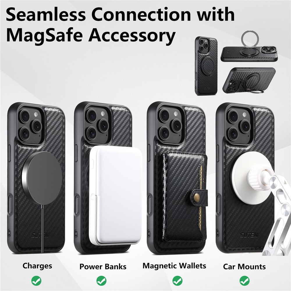 SUTENI G3 For iPhone 16 Pro Max Magnetic Case Rotating Kickstand Carbon Fiber Texture Leather Phone Back Cover