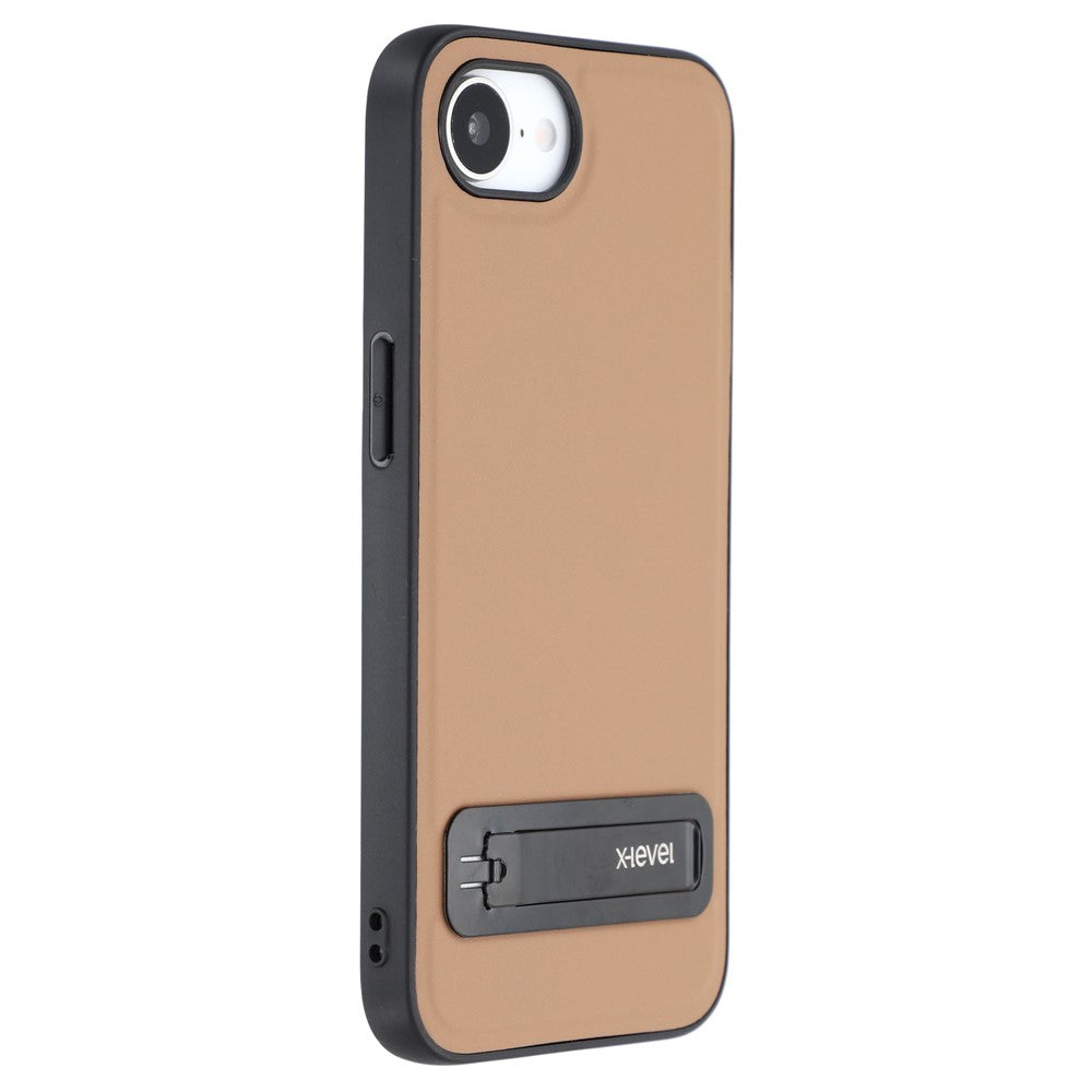 X-LEVEL For iPhone 17e / 16e Case Leather Coated PC TPU Phone Back Cover with Metal Kickstand