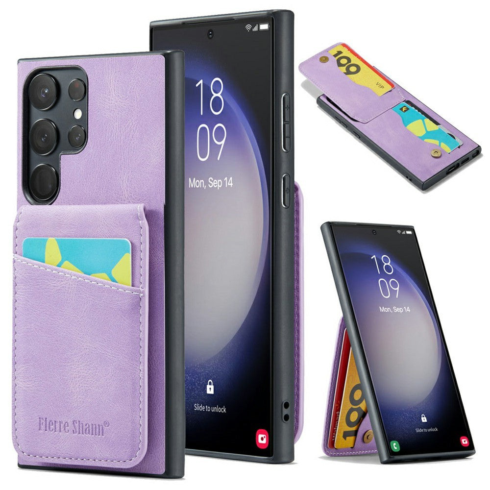 FIERRE SHANN For Samsung Galaxy S25 Ultra Case Card Holder Kickstand Leather RFID Blocking Back Cover