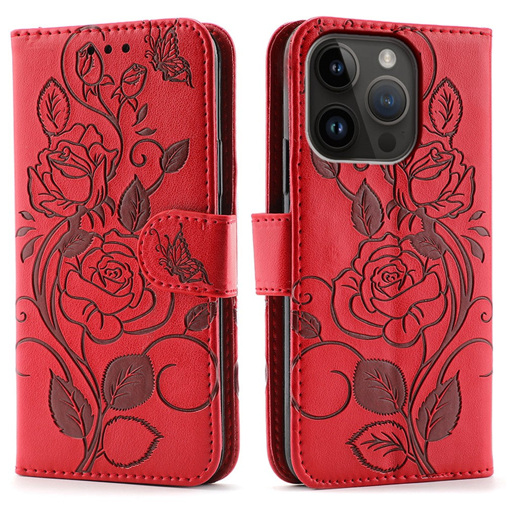 For iPhone 14 Pro Case Wallet Stand Imprinted Rose Butterfly PU Leather Phone Cover