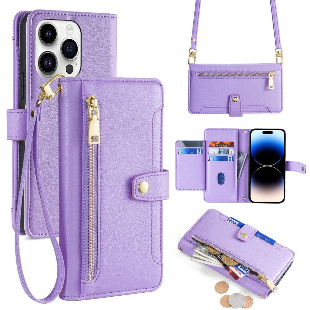 For iPhone 14 Pro Case Zipper Pocket Wallet Leather Phone Cover with 2 Straps