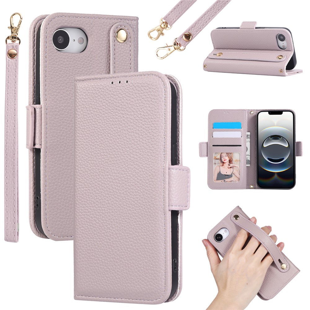 For iPhone 17e / 16e Wallet Case RFID Blocking Litchi Texture Flip Leather Cover with Wrist Strap and Crossbody Strap