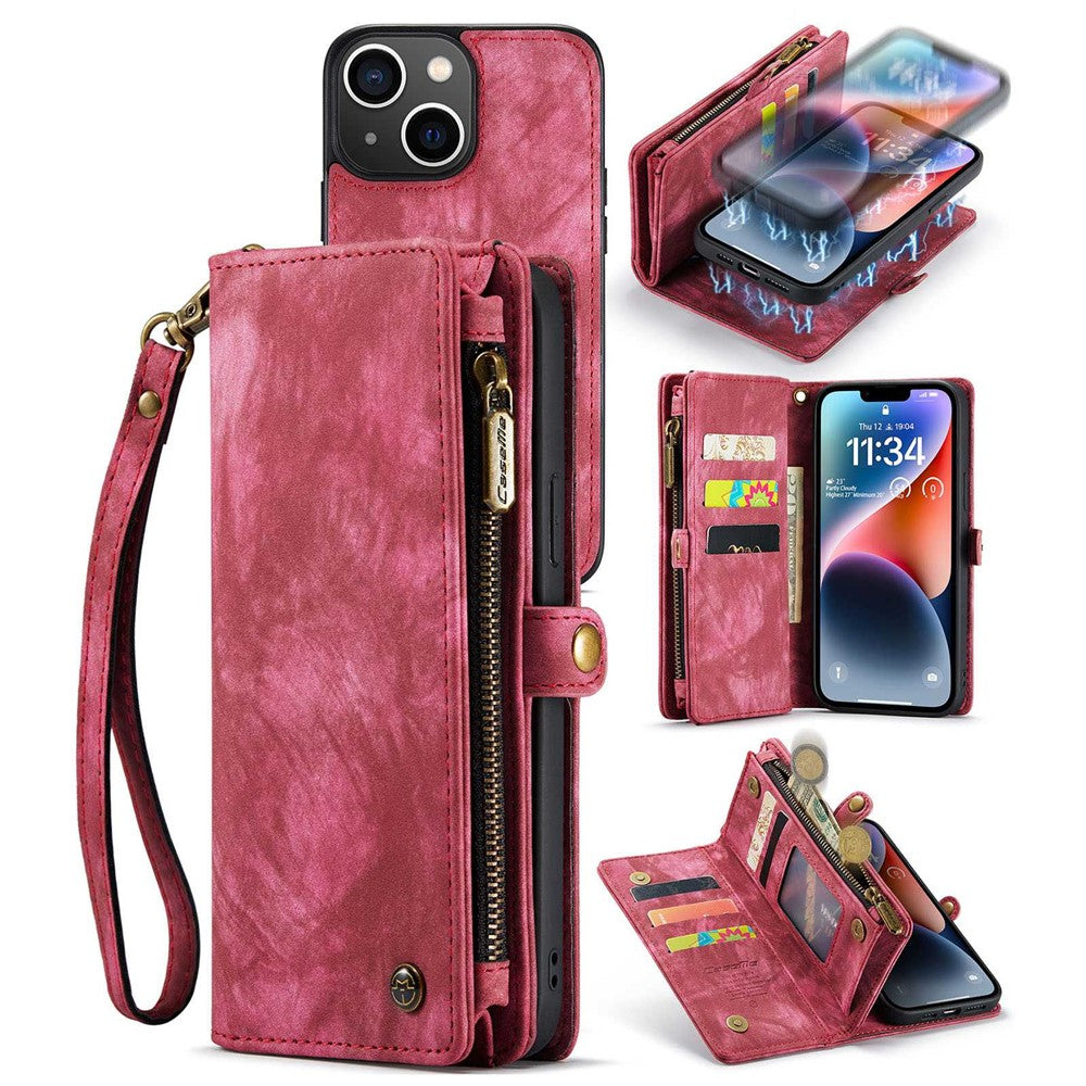 CASEME 008 Series for iPhone 14 Plus PU Leather Detachable Magnetic Handbag Phone Case Multi-Functional Zipper Pocket Wallet Stand Cover with Strap
