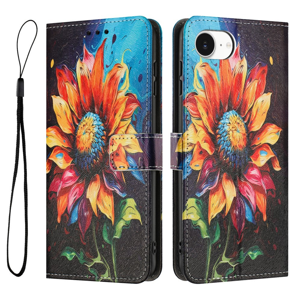 YX-2501 For iPhone 17e / 16e Stand Case Pattern Printing PU Leather Wallet Phone Cover with Lanyard