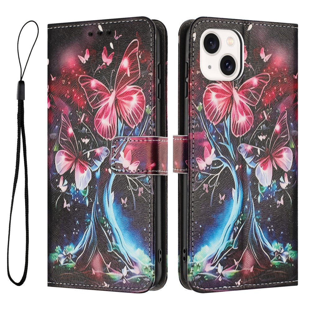 YX-2501 For iPhone 14 / 13 Case Pattern Printing PU Leather Wallet Phone Cover with Lanyard