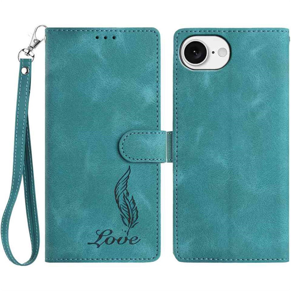 For iPhone 17e / 16e Case Imprinted Feather PU Leather Wallet Phone Cover with Wrist Strap