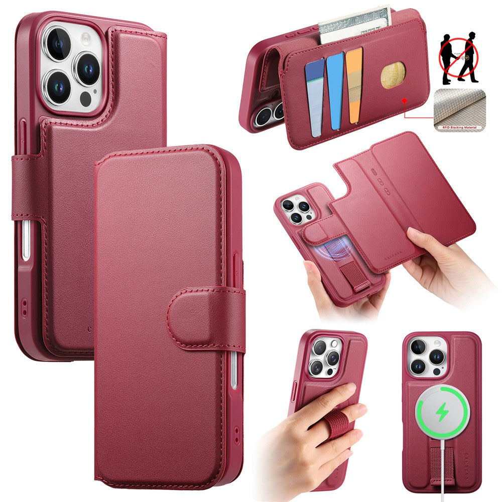 CASENEO For iPhone 16 Pro Magnetic Case RFID Blocking Wallet Detachable Leather Phone Cover with Wristband