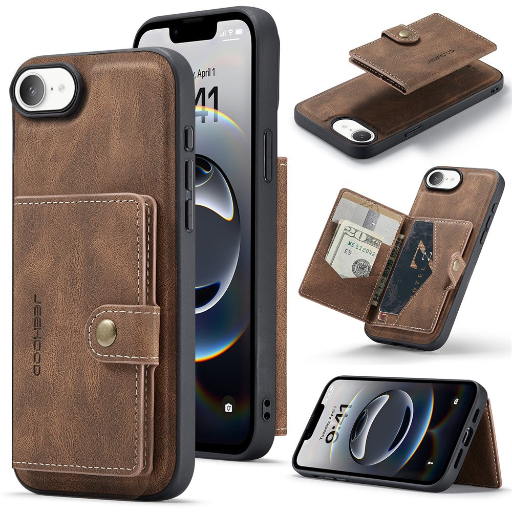 JEEHOOD For iPhone 17e / 16e Case J01 Retro Leather Phone Back Cover with Detachable Magnetic Card Holder