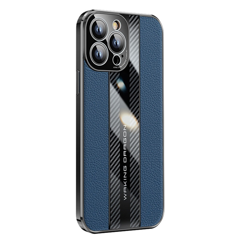 For iPhone 14 Pro Max Carbon Fiber Texture Electroplated Phone Case Genuine Leather Coated TPU Drop Protection Cover