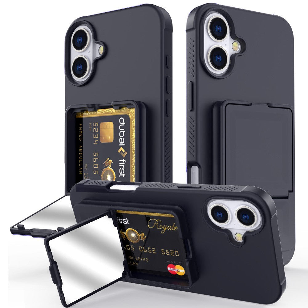 For iPhone 16 Case Skin-Touch Card Holder TPU + PC Phone Cover with Mirror Kickstand