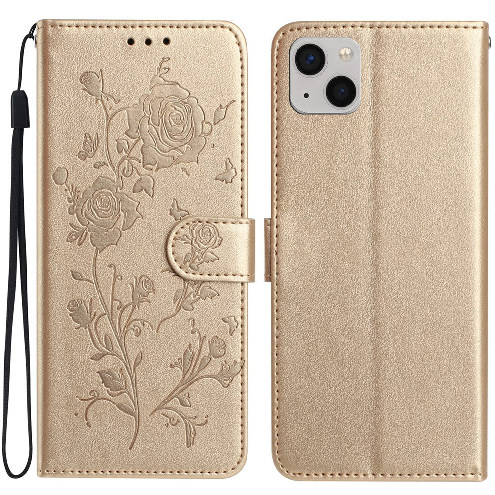 For iPhone 15 Wallet Case Rose Pattern Imprinted Leather Flip Stand Phone Cover
