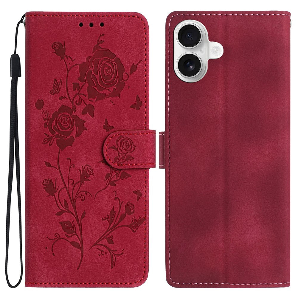 For iPhone 16 Wallet Case Rose Pattern Imprinted Leather Flip Stand Phone Cover