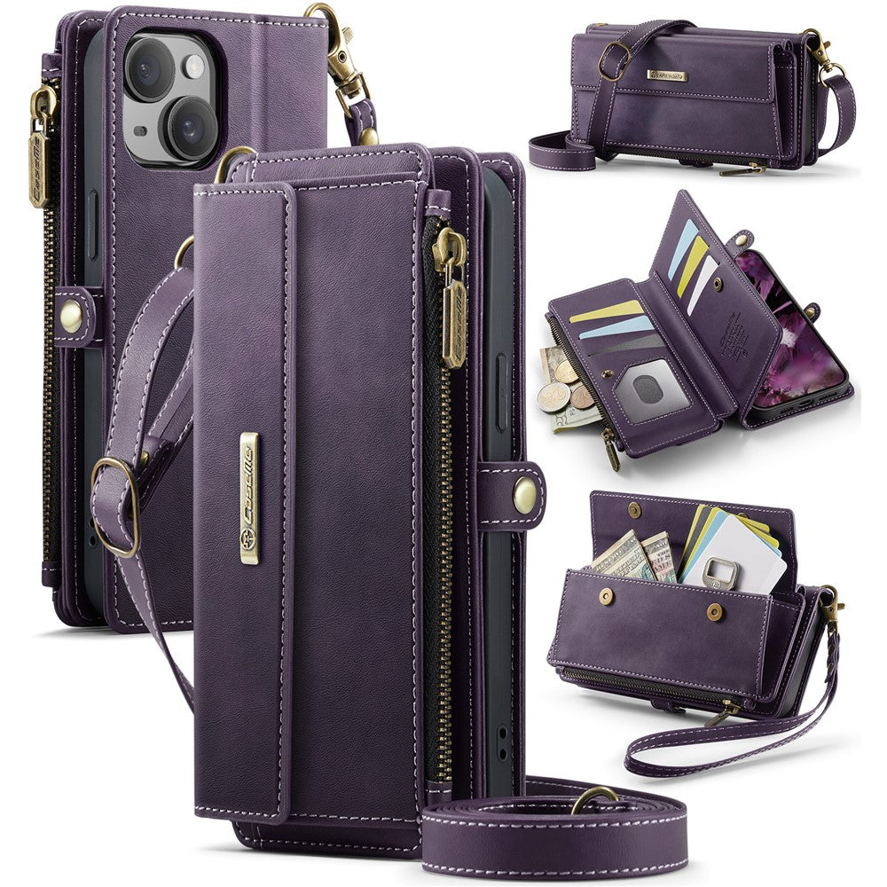 CASEME For iPhone 14 Plus Case C39 RFID Blocking Zipper Wallet Stand Leather Cover with Strap