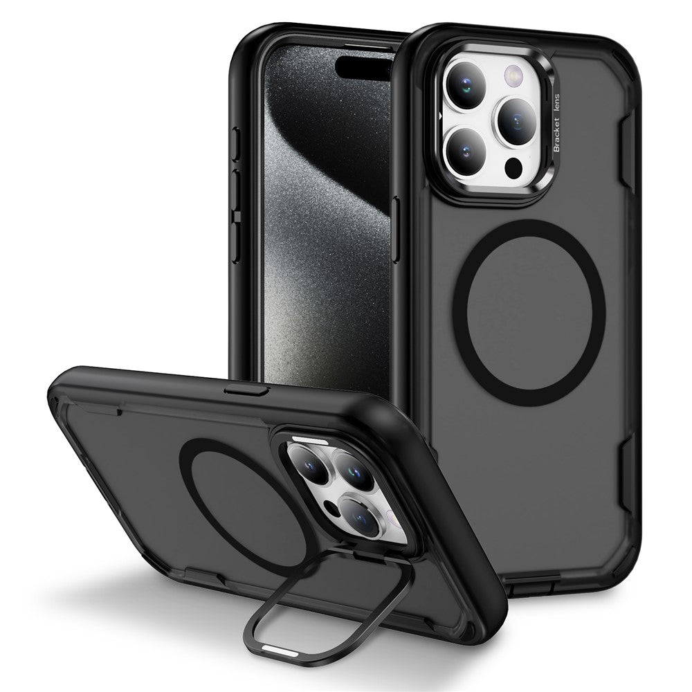 For iPhone 15 Pro Case Compatible with MagSafe Lens Frame Kickstand TPU + PC Shockproof Phone Cover