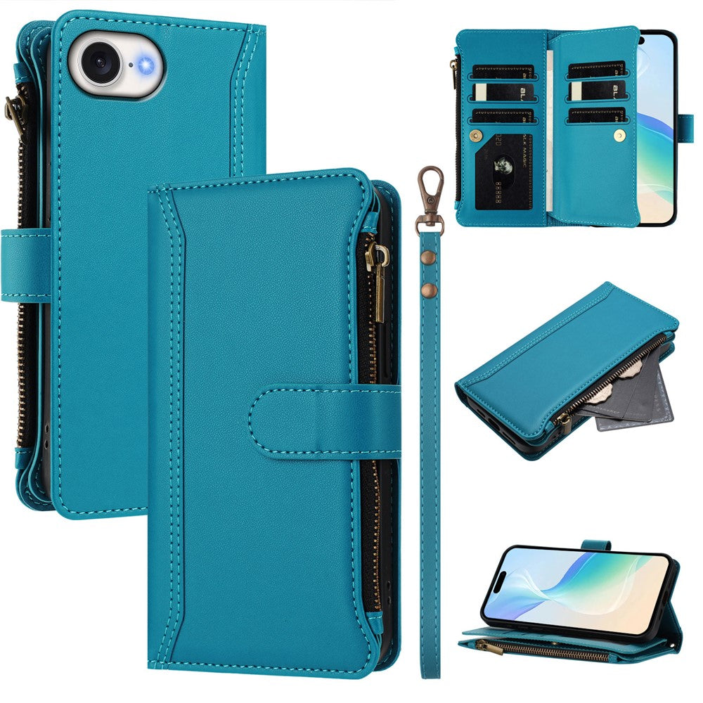 For iPhone 17e / 16e Leather Case 9 Card Slots Zipper Wallet Stand Phone Cover with Wrist Strap
