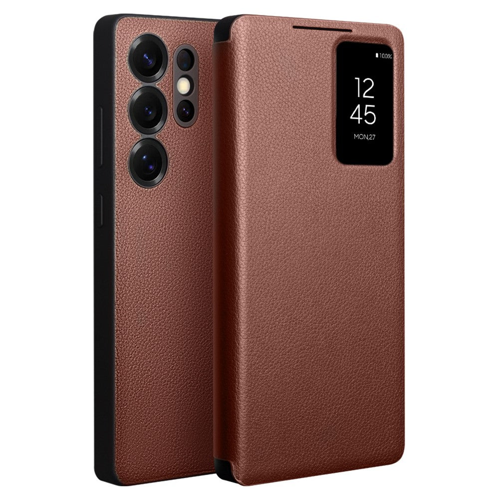 QIALINO For Samsung Galaxy S25 Ultra Case Auto Wake / Sleep View Window Genuine Cow Leather Phone Cover with Card Slot (APP Version)