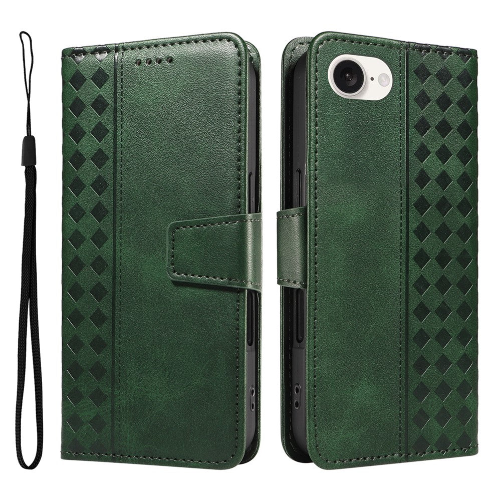 For iPhone 17e / 16e Leather Case Wallet Stand Grids Imprinted Phone Cover with Strap