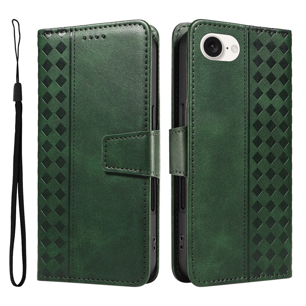 For iPhone 17e / 16e Leather Case Wallet Stand Grids Imprinted Phone Cover with Strap
