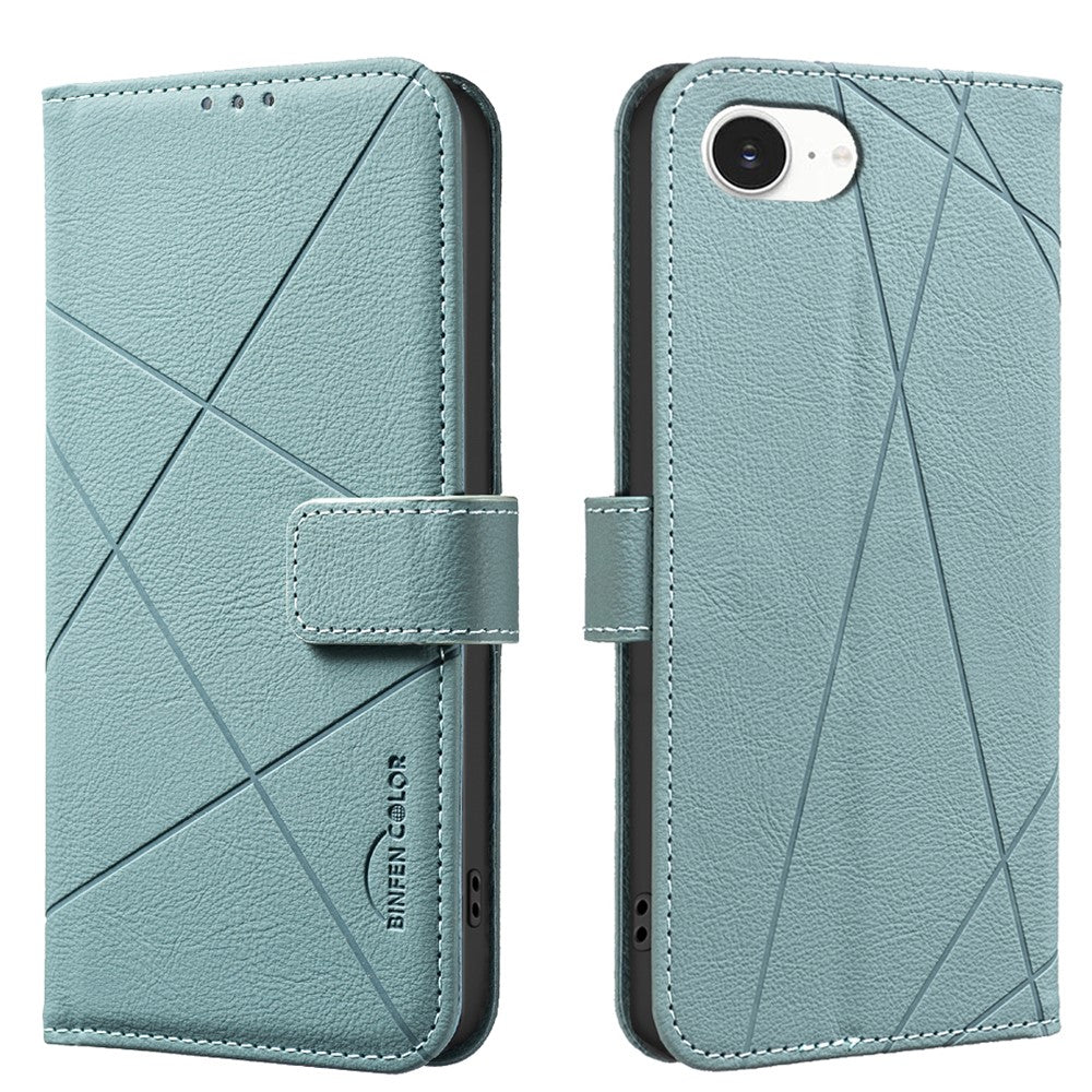BINFEN COLOR For iPhone 17e / 16e Case BF35 Geometry Imprinted Leather Phone Cover RFID Blocking Wallet Stand