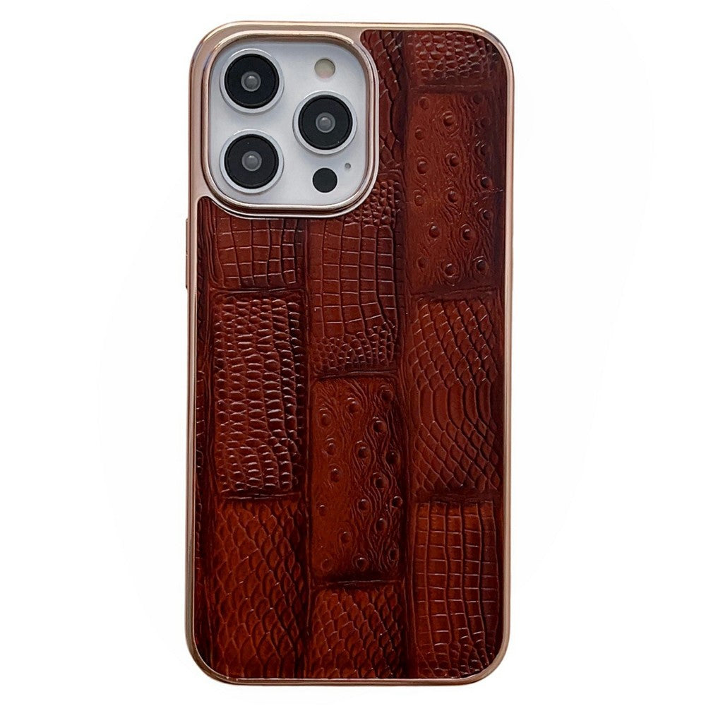 For iPhone 14 Pro Max Anti-dust Nano Electroplating Mahjong Texture Cell Phone Back Cover Genuine Cowhide Leather+PC+TPU Phone Case
