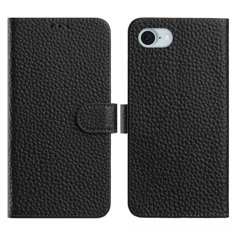 For iPhone 17e / 16e Case Wallet Stand Litchi Texture Genuine Cow Leather Flip Phone Cover