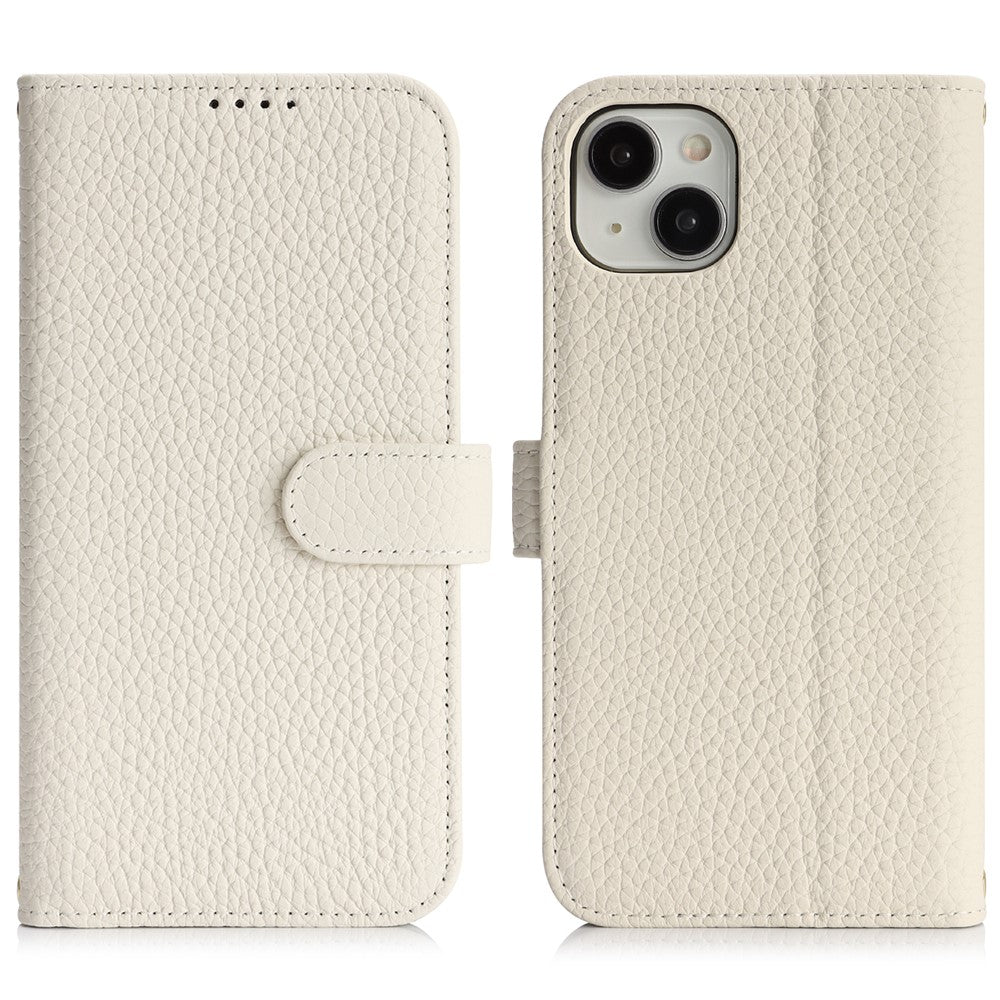 For iPhone 14 / 13 Stand Case Litchi Texture Genuine Cow Leather Wallet Phone Cover RFID Blocking