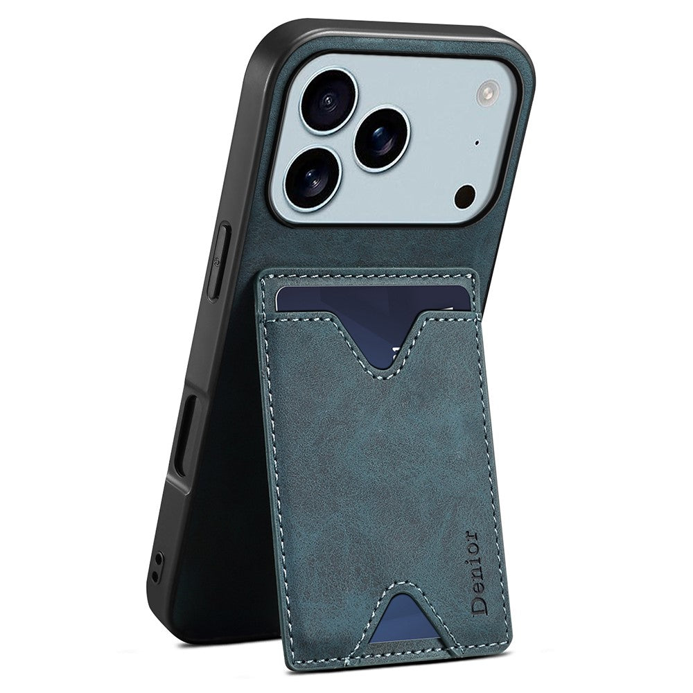 DENIOR For iPhone 17 Pro Case Card Holder Kickstand Leather + PC + TPU Phone Cover