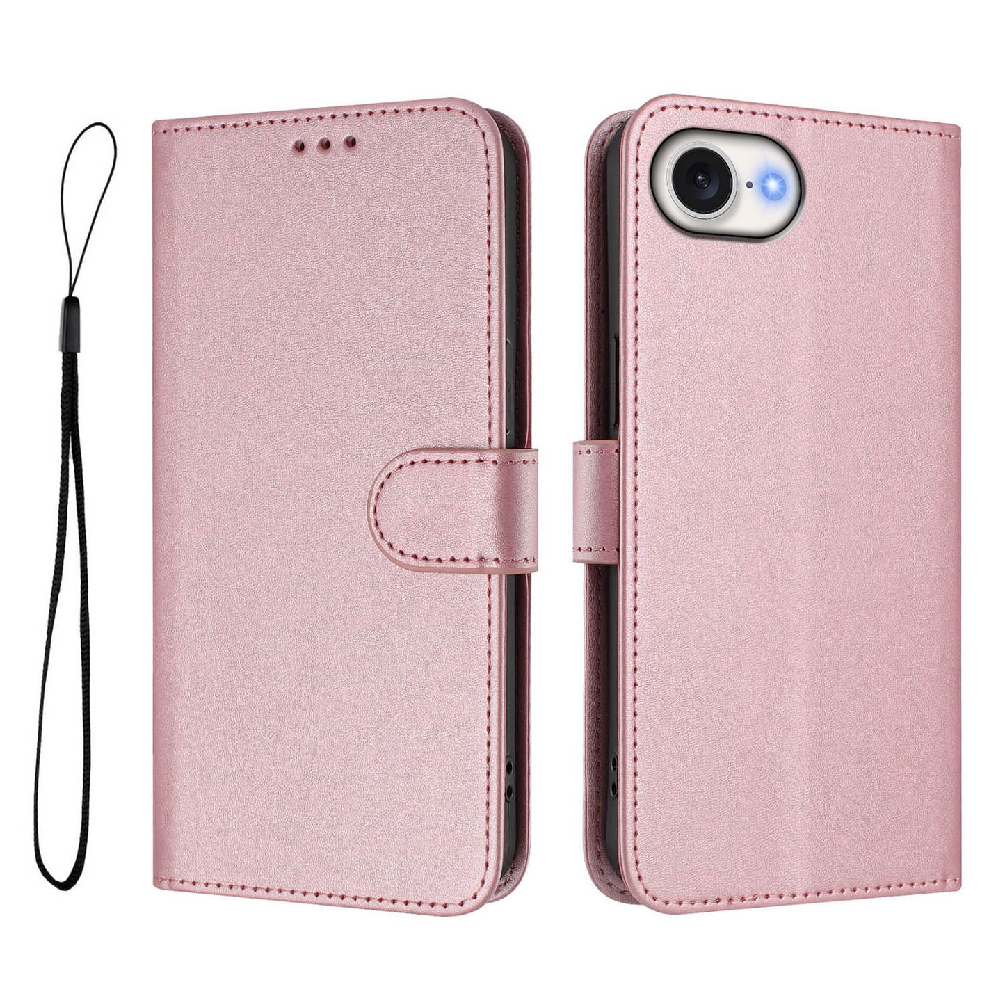 For iPhone 17e / 16e Wallet Case RFID Blocking Calf Texture Leather Stand Phone Cover with Strap