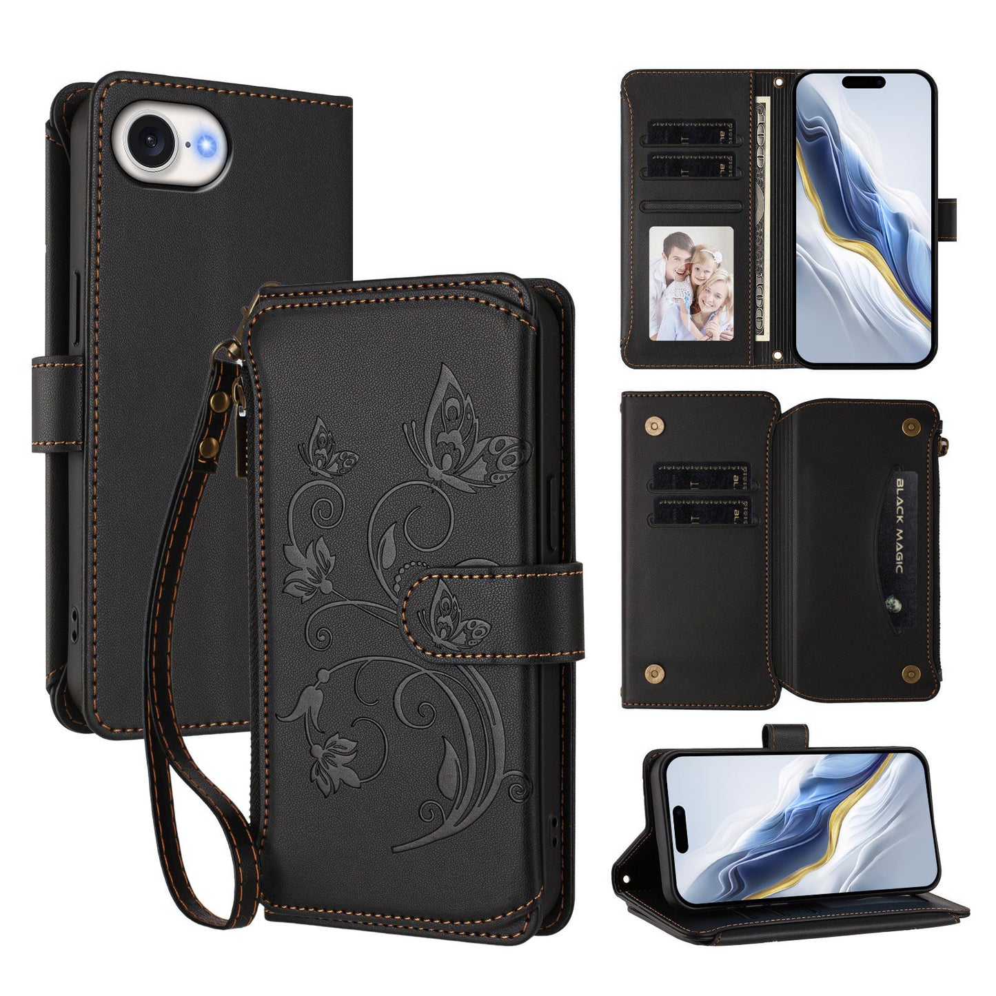 For iPhone 17e / 16e Leather Case Butterfly Floral Imprint Zipper Wallet Stand Cover with Wrist Strap
