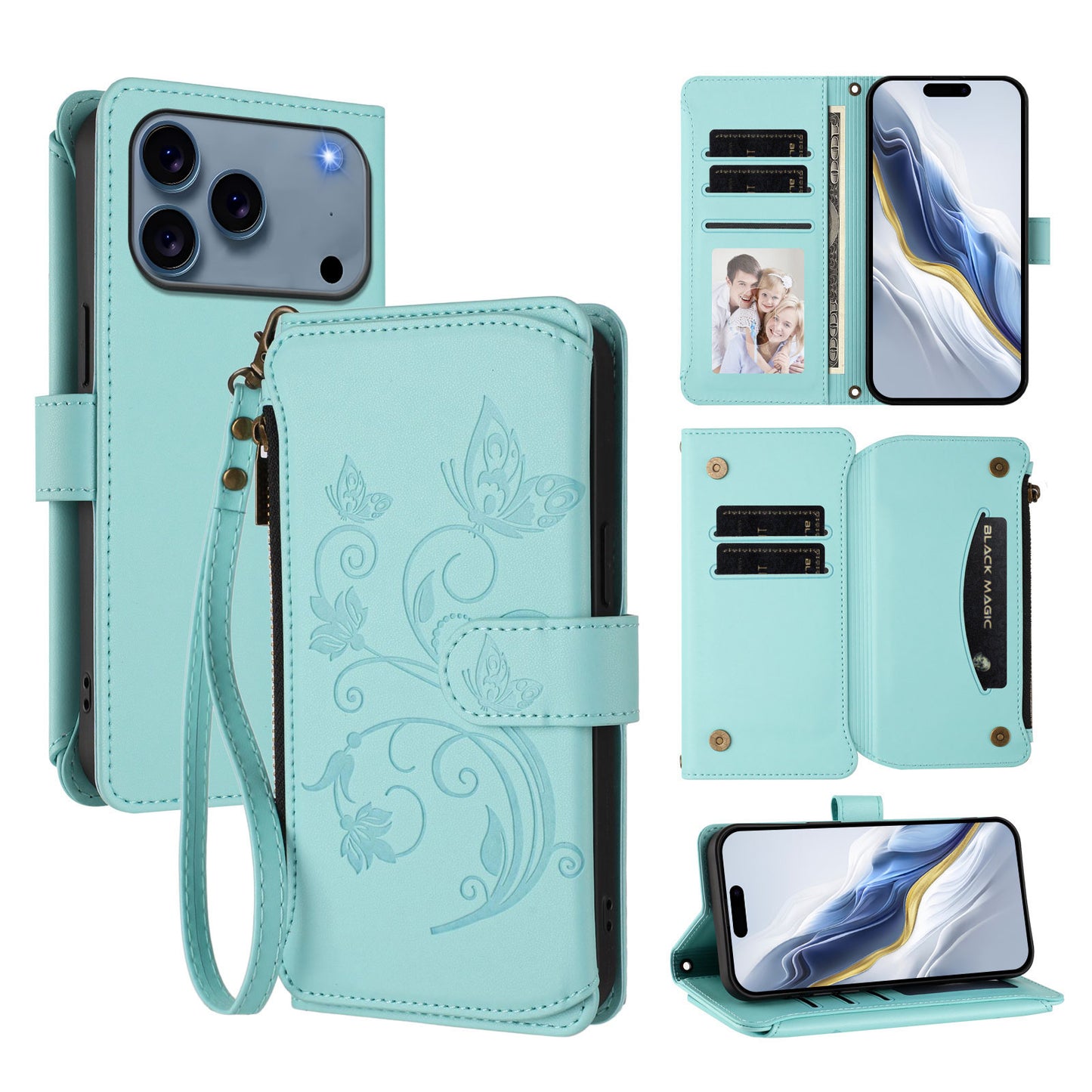 For iPhone 17 Pro Max Leather Case Butterfly Floral Imprint Zipper Wallet Stand Cover with Wrist Strap