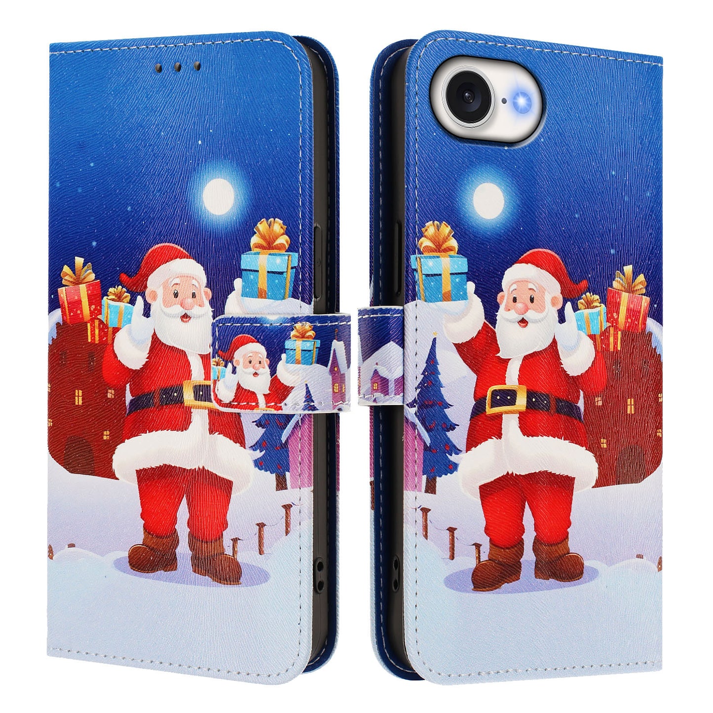 For iPhone 17e / 16e Wallet Case Christmas Pattern Printing Leather Phone Cover with Lanyard