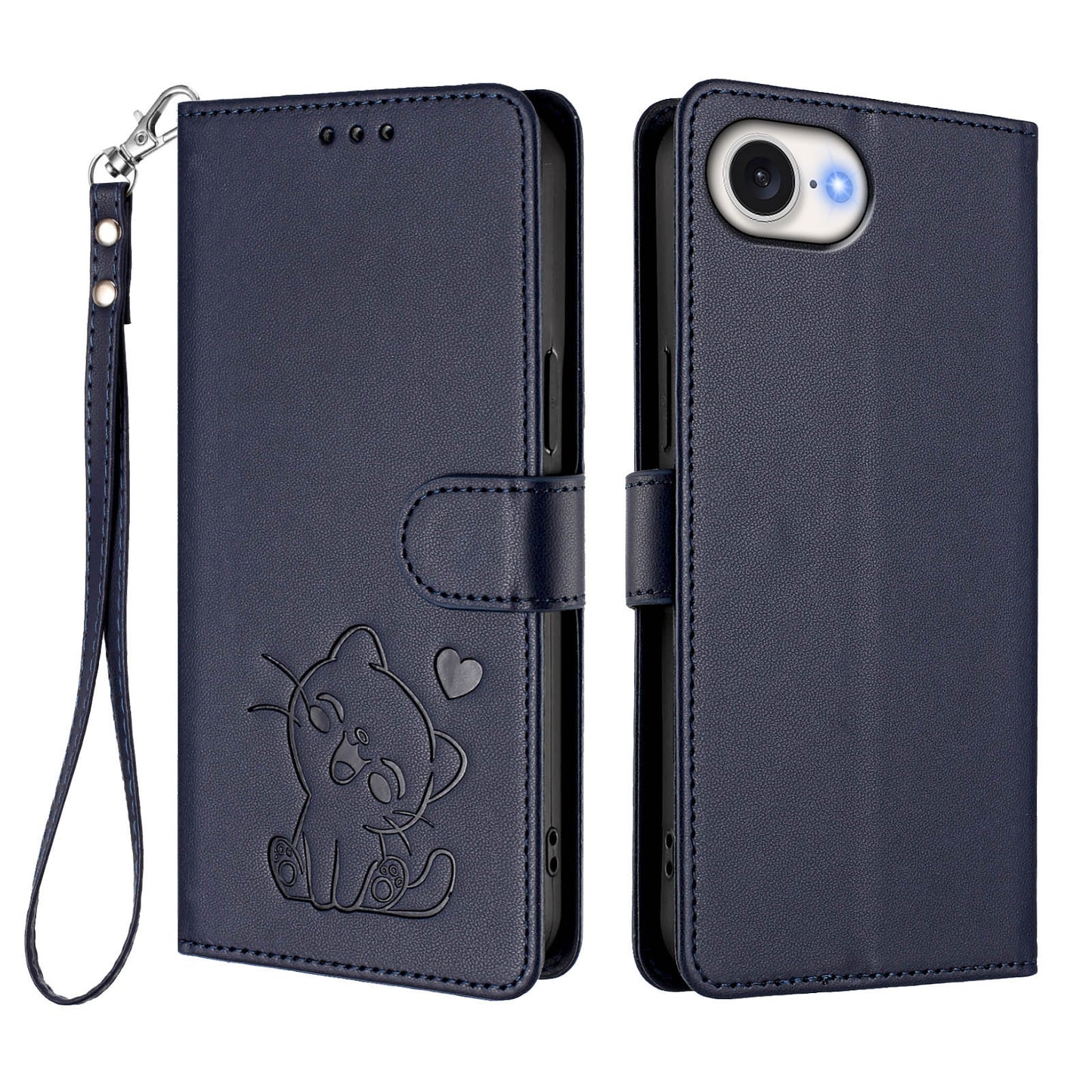 For iPhone 17e / 16e Wallet Case with Wrist Strap Love Cat Pattern Imprint Leather Phone Cover