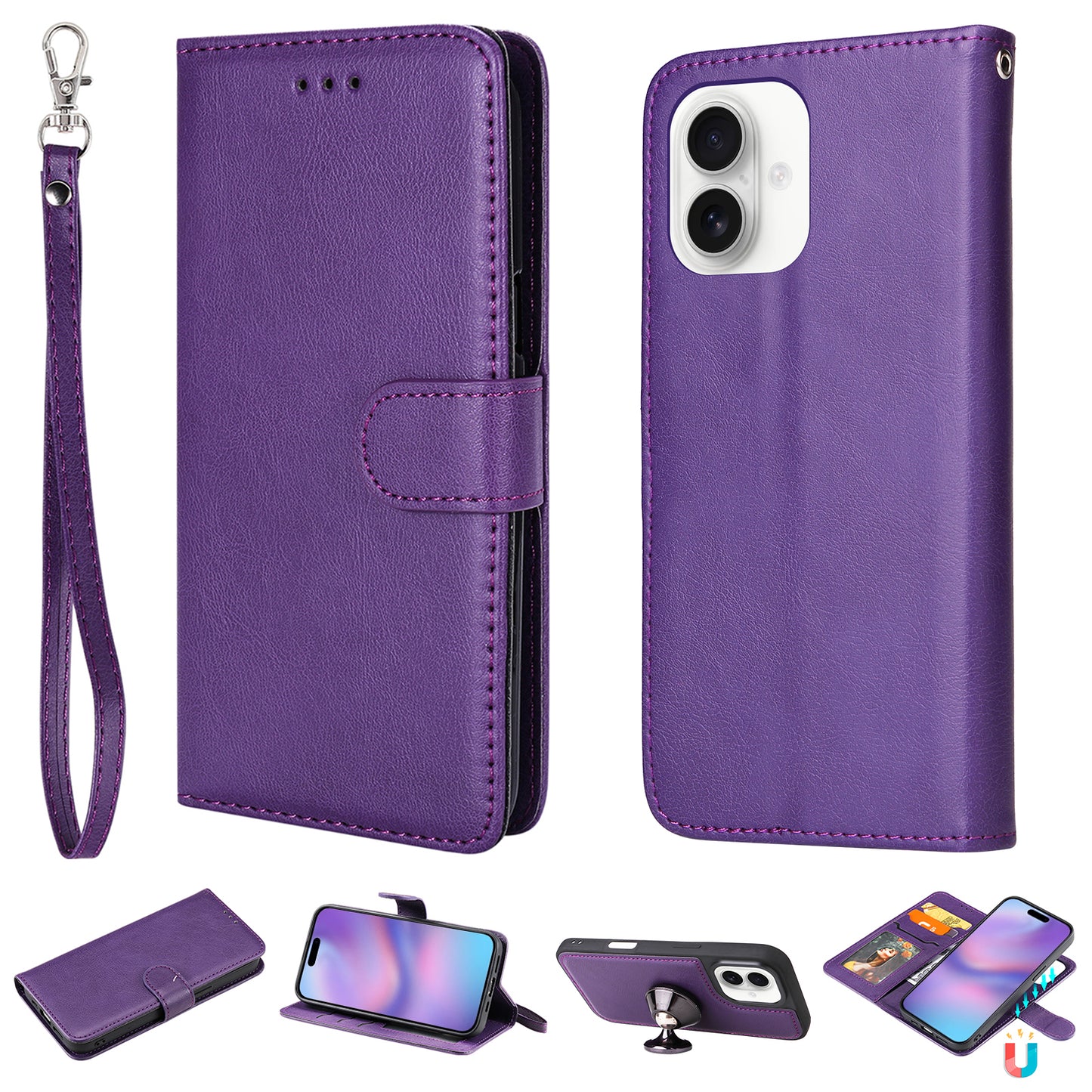 For iPhone 17 Case 2 in 1 Detachable Magnetic Leather Wallet Mobile Cover with Strap