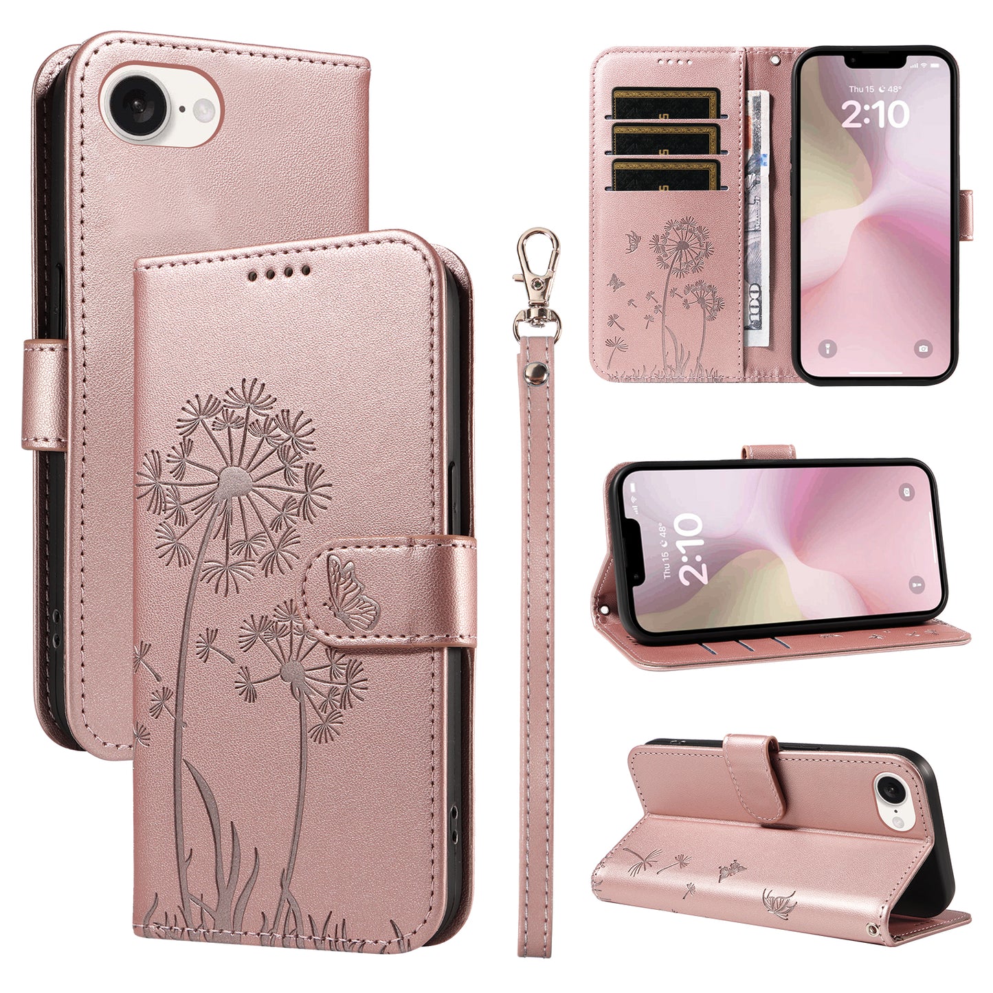For iPhone 17e / 16e Leather Wallet Case with Strap Dandelion Imprint Phone Stand Cover