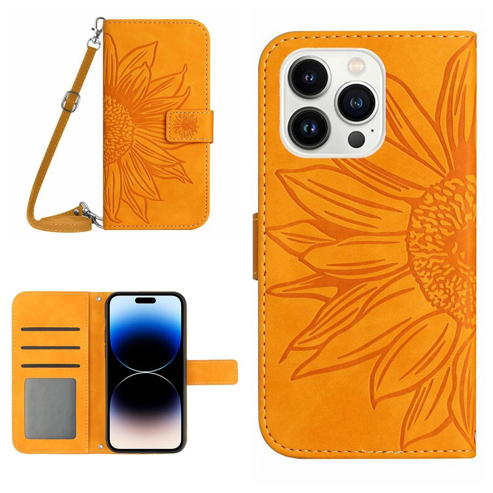 For iPhone 14 Pro Max HT04 Shockproof Phone Case Imprinted Sunflower Skin-touch PU Leather Stand Wallet Cover Protector with Shoulder Strap
