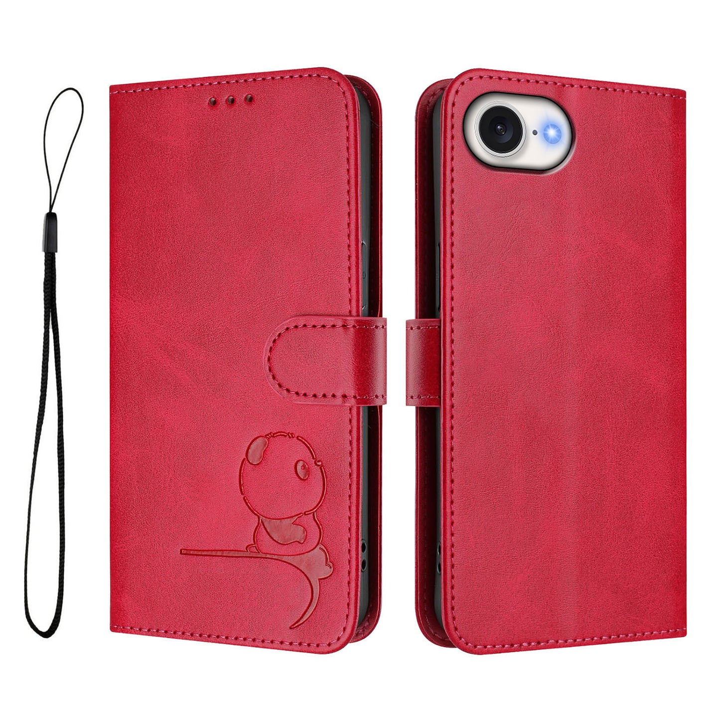 For iPhone 17e / 16e Case Panda Imprint RFID Blocking Wallet Leather Phone Cover with Wrist Strap