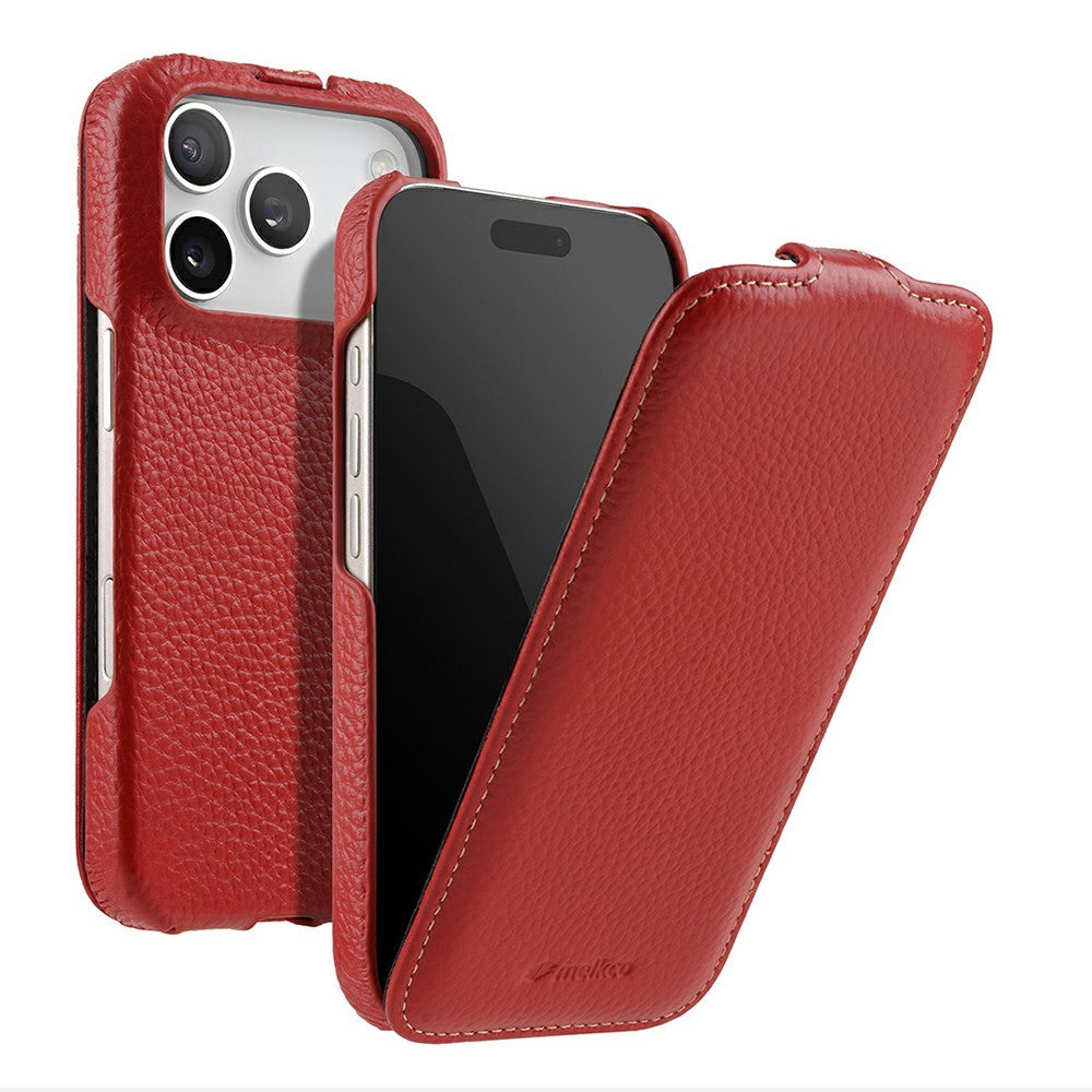MELKCO For iPhone 17 Pro Max Case Compatible with MagSafe Vertical Flip Genuine Cow Leather + PC Phone Cover