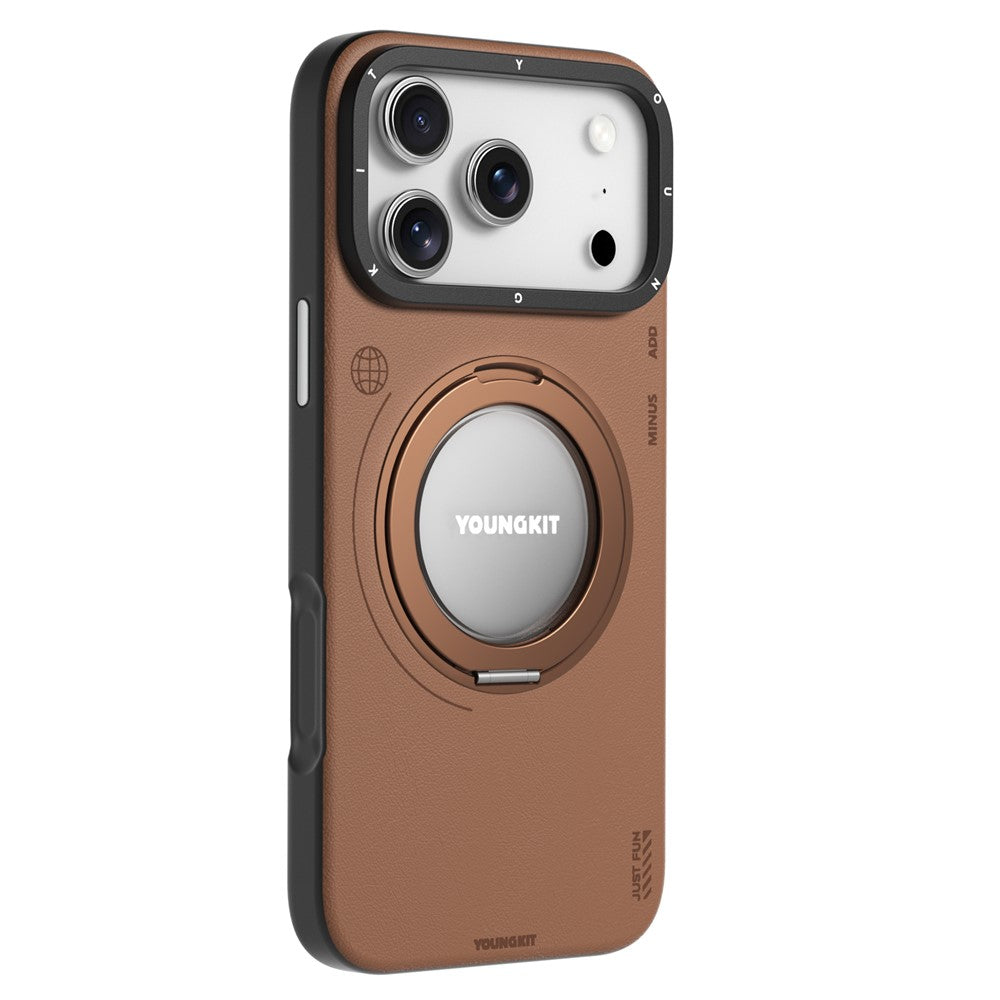 YOUNGKIT For iPhone 17 Pro Case Rotating Kickstand Shockproof TPU + PU Leather Phone Back Cover
