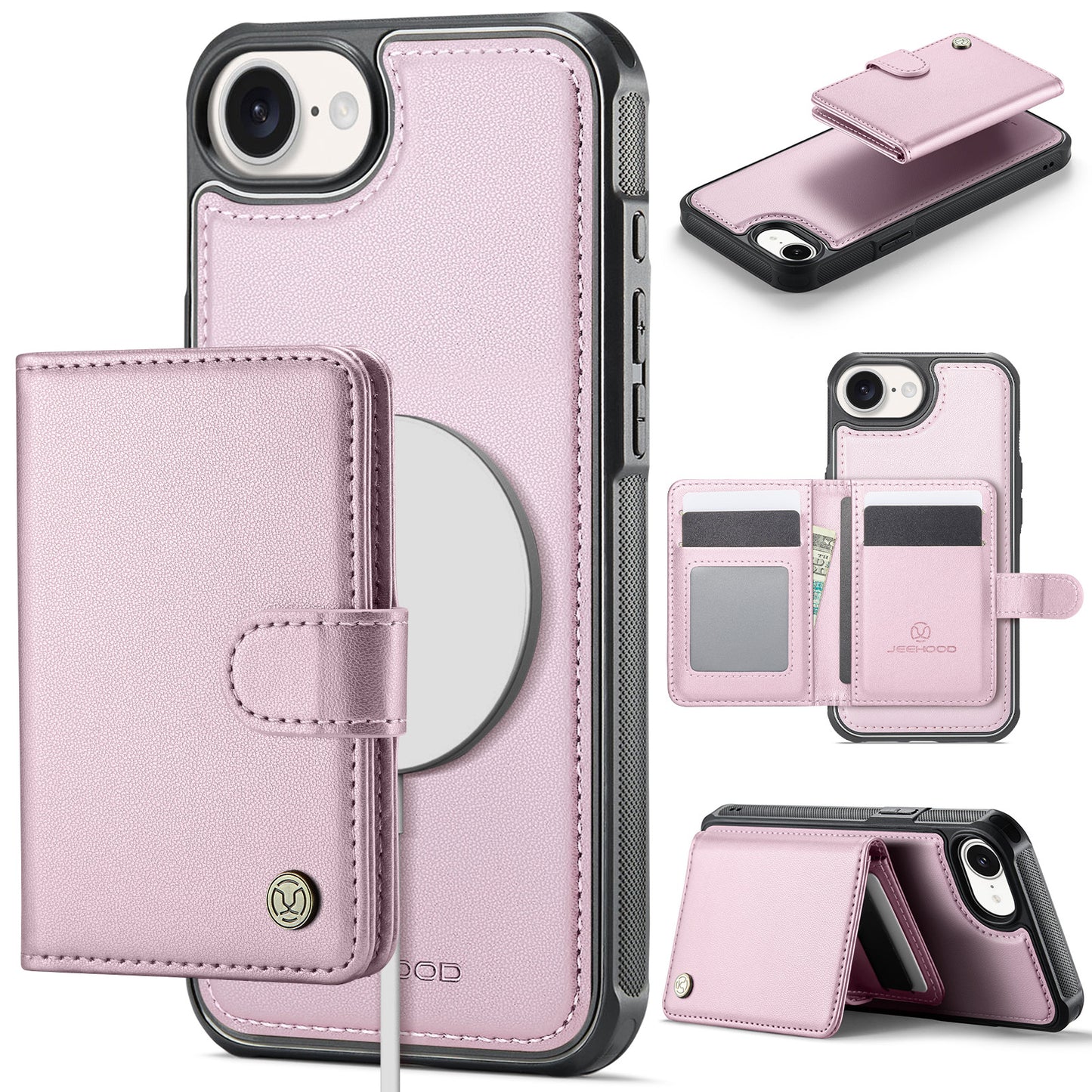 JEEHOOD For iPhone 17e / 16e Case J09 RFID Blocking Card Holder Leather Back Phone Cover Compatible with MagSafe