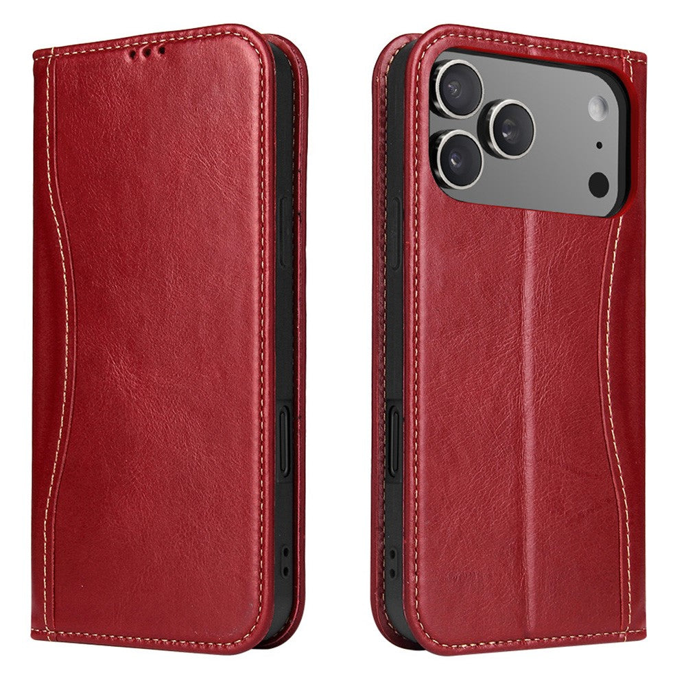 FIERRE SHANN For iPhone 17 Pro Case Wallet Stitching Craft Genuine Cow Leather Phone Cover