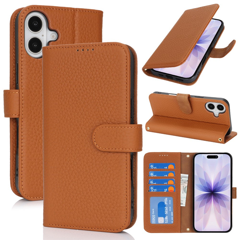 For iPhone 17 Stand Case Litchi Texture Genuine Cow Leather Wallet Phone Cover RFID Blocking